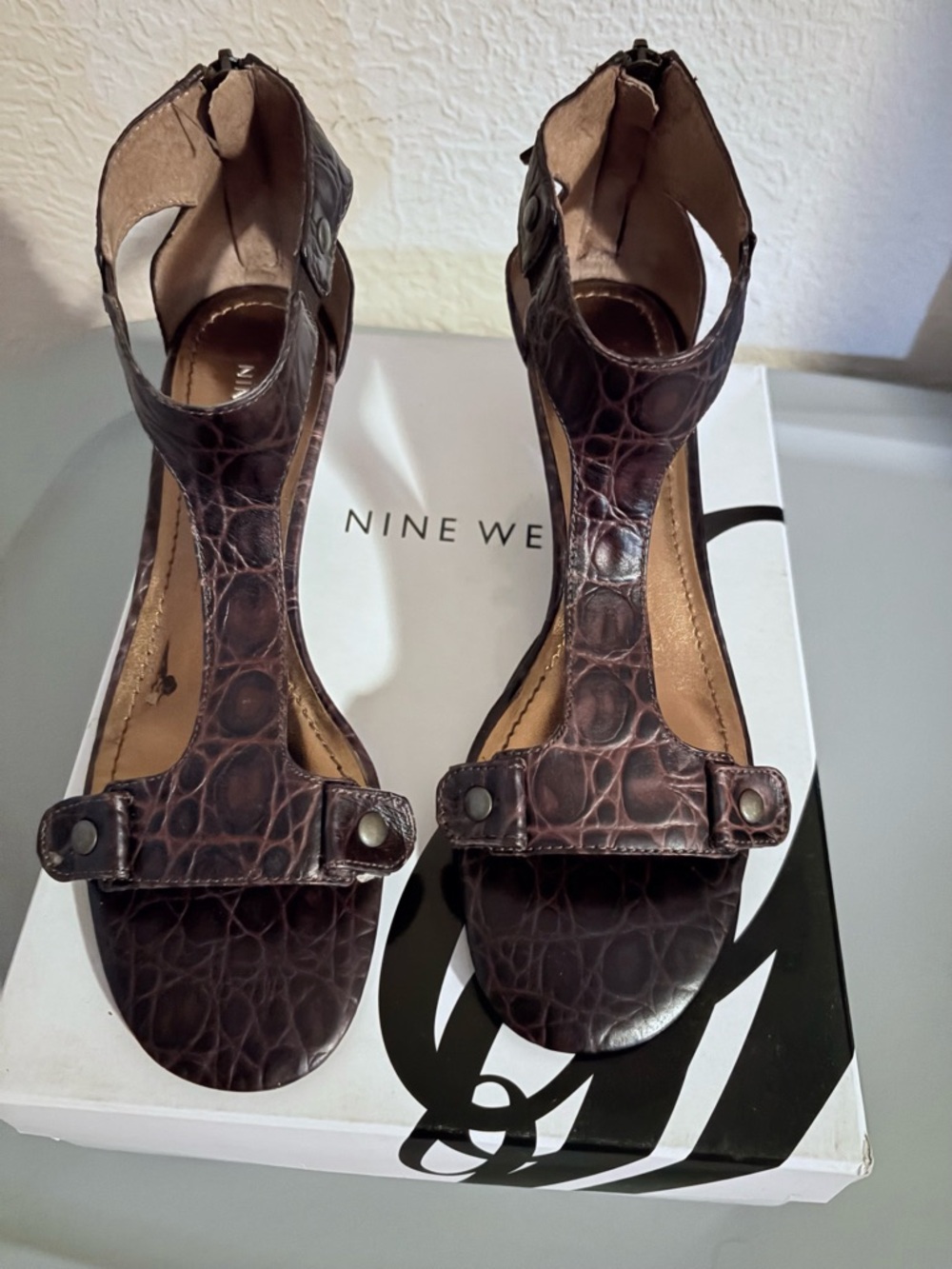 Nine West Dark Brown T-Strap Kitten Heel Sandals - Picture 2 of 5